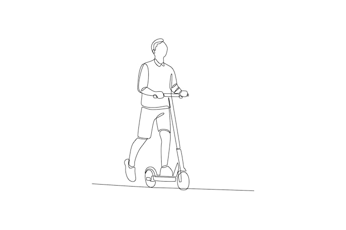 A line drawing of a person riding a kick scooter.