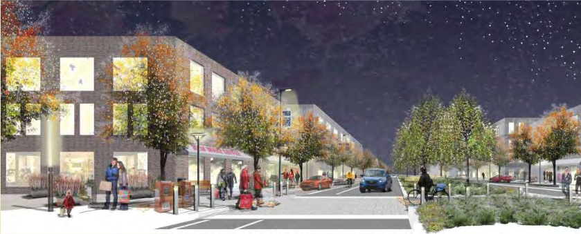 A rendering of a street in winter, with buildings and storefronts lining the sidewalks. Familes walk and bike as a car waits to let pedestrians cross.